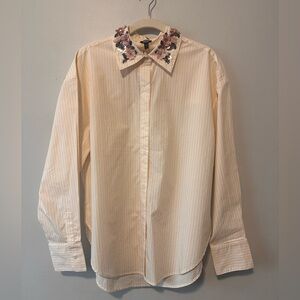 Express Boyfriend Pale Pink Striped Button Up Long Sleeve Blouse w/Beaded Collar